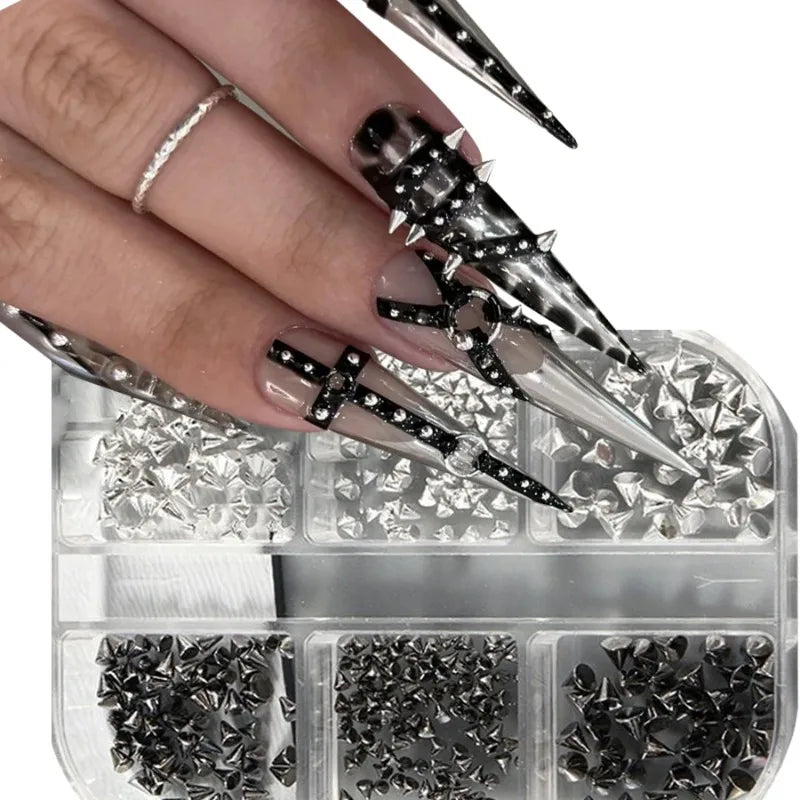 6 Grids 3D Punk Metal Nail Rivets Spikes Gold Silver Black Round Cone