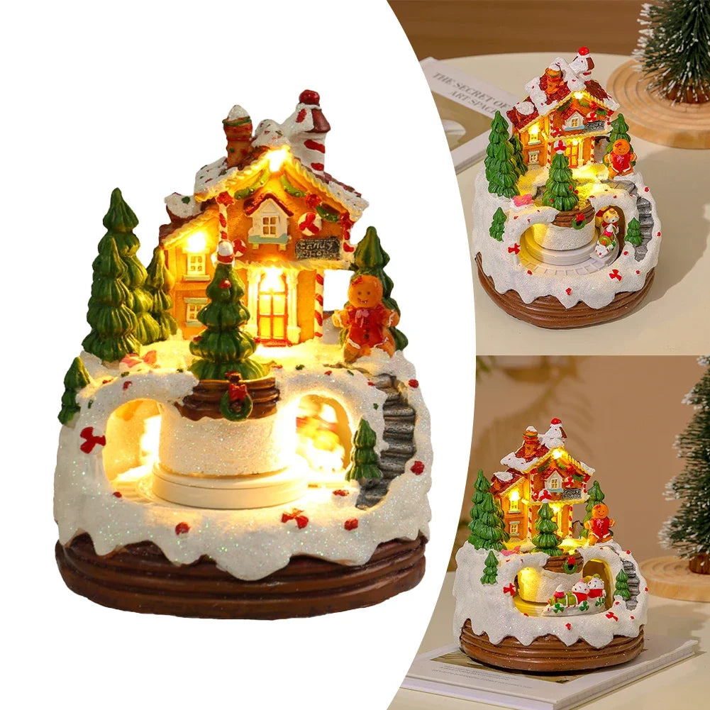 Christmas Music Box Snow House Ornaments with LED Light Resin Rotating Music Figurines Home Christmas Decorations New Year Gift Zpaxo