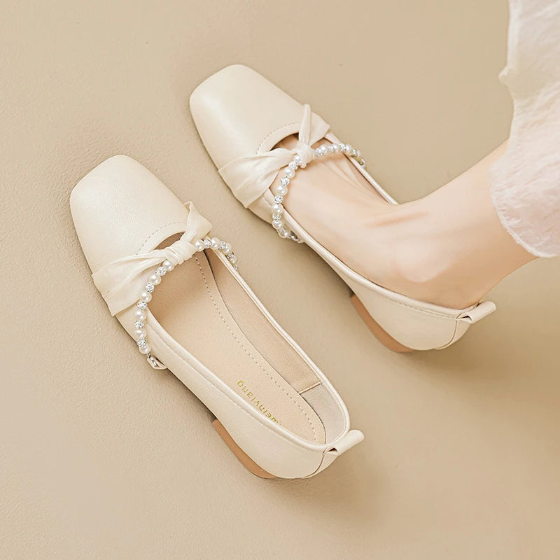 Women Chunky Heel Shoes Summer Square Toe Beaded Decor Versatile Zpaxo
