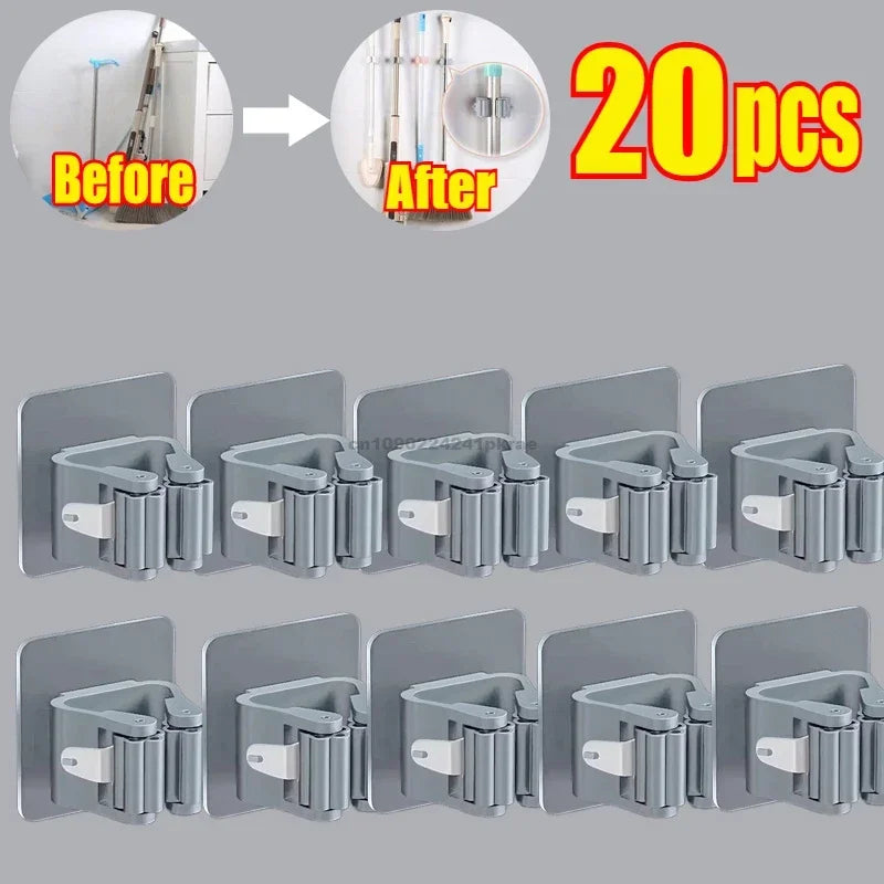 Self-adhesive Mop Holder Broom Stand Wall Mounted Mop Support Sweeping Brush Hook Storage Organizer Bathroom Kitchen Accessories Zpaxo 20pcs-Grey