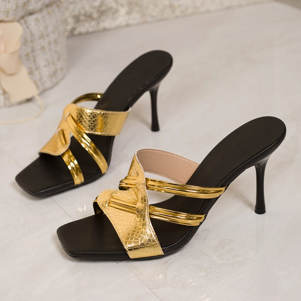 Women's Slippers 2026 Summer Stiletto Heels Open Toe Luxury Sandals Zpaxo Gold 42