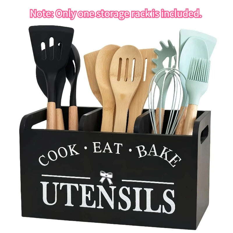 Kitchen Utensil Rack Three Compartments Rustic Wooden Storage Box