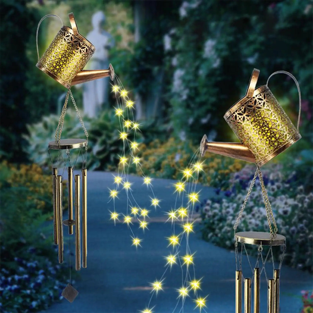 Solar Watering Can Lights Retro Iron Kettle Shape Home Decor Chime