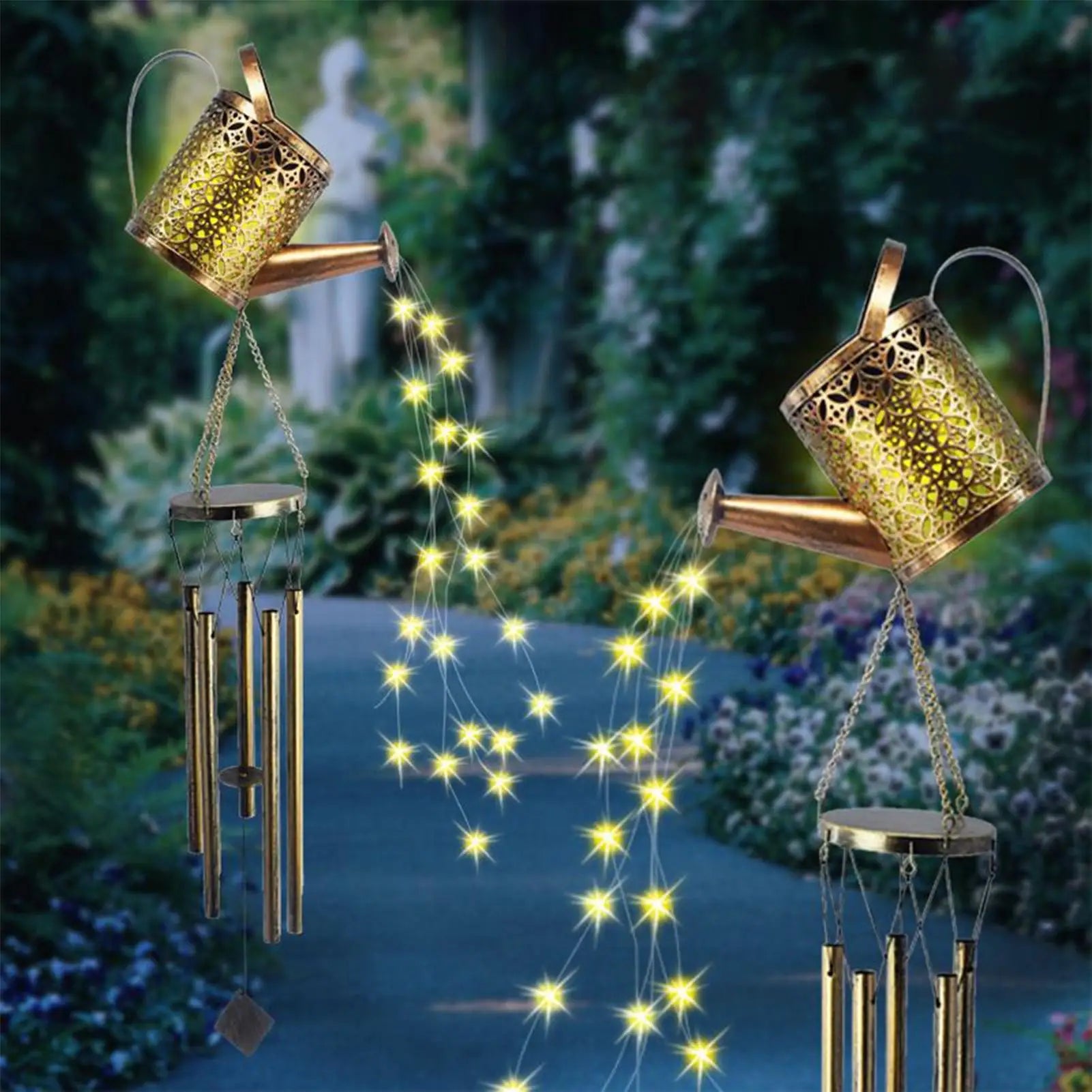 Solar Watering Can Lights Retro Iron Kettle Shape Home Decor Chime