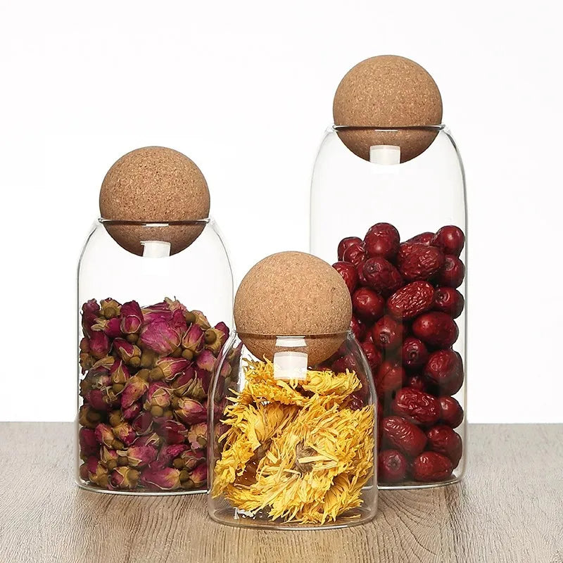 Glass Bottle Storage Jar, Cork Spherical Storage Container, Home Daily Decoration Ornament, Flower Tea Glass Jar, Dried Fruit Zpaxo