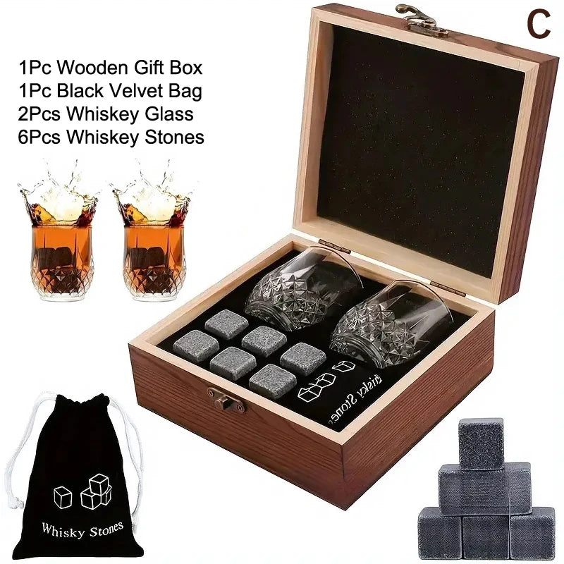Father'S Day Gift For Men Whiskey Stones Set 8 Pcs Granite Ice Cubes+ 2 Pcs Cups For Whisky In Wooden Bottle Box Present For Dad Zpaxo C