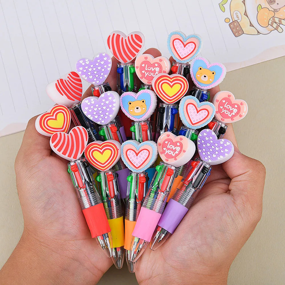 6/12Pcs Heart Ballpoint Pens Valentine's Day Gift 4-in-1 Mini Multicolor Pens for Birthday Party Teacher School Supplies Zpaxo