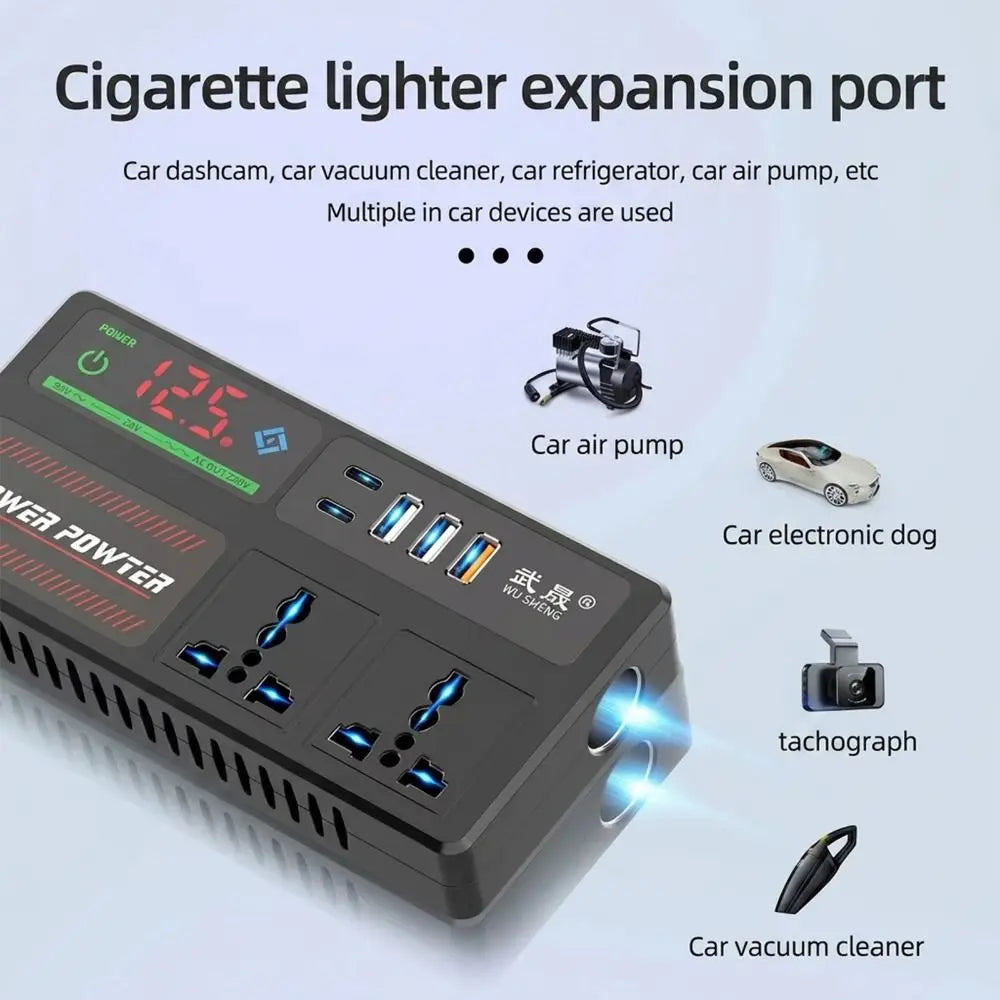 DC 12V/24V to AC 220V Car Inverter Power Adapter Digital Display Double Type-c Car Converter QC3.0 3 USB Ports Car Power Adapter Zpaxo
