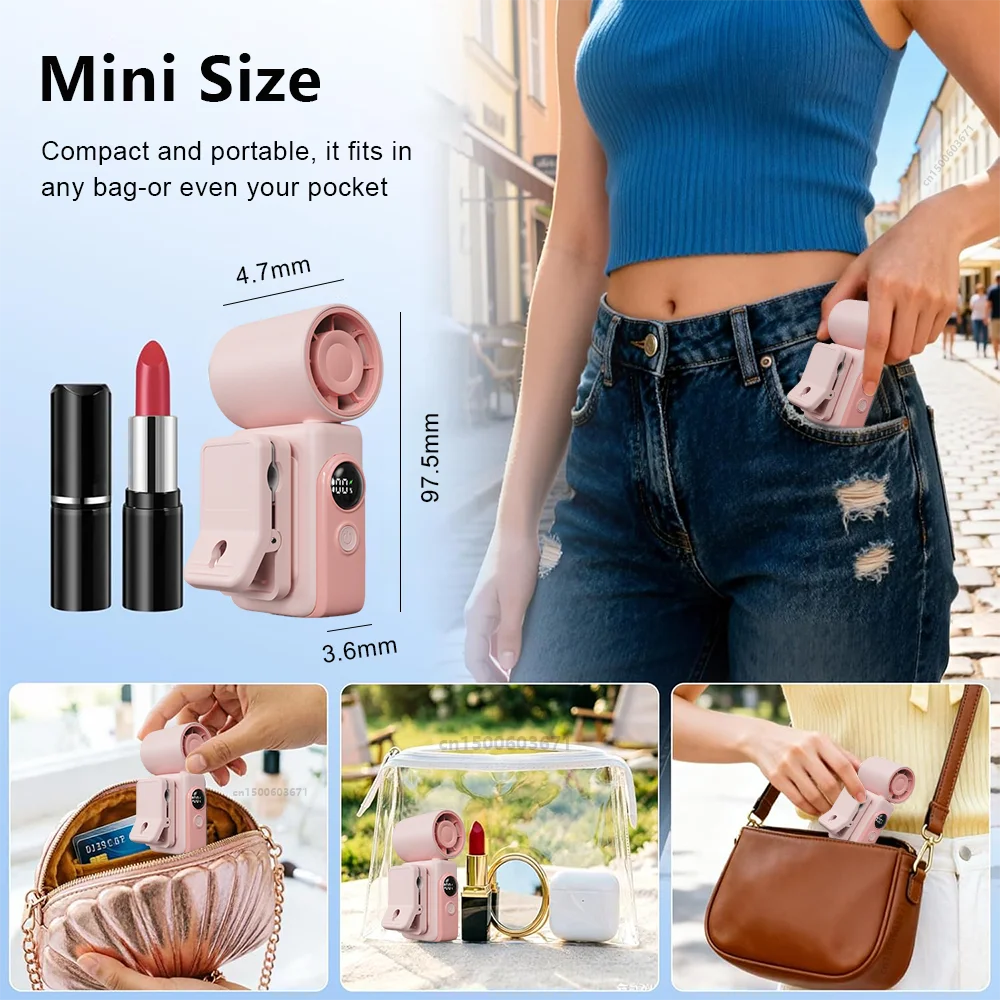 Mini Clip-on Fan Handheld Pocket Rechargeable Digital Display Air