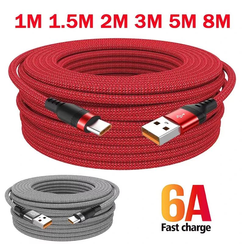 1 3 5 8m USB C Charging Extended Cable 6A Fast Charger Nylon Braided