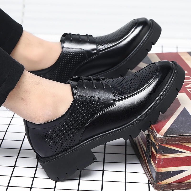 Mens Black Perforated Leather Dress Shoes Thick Lug Sole Lace Up Zpaxo