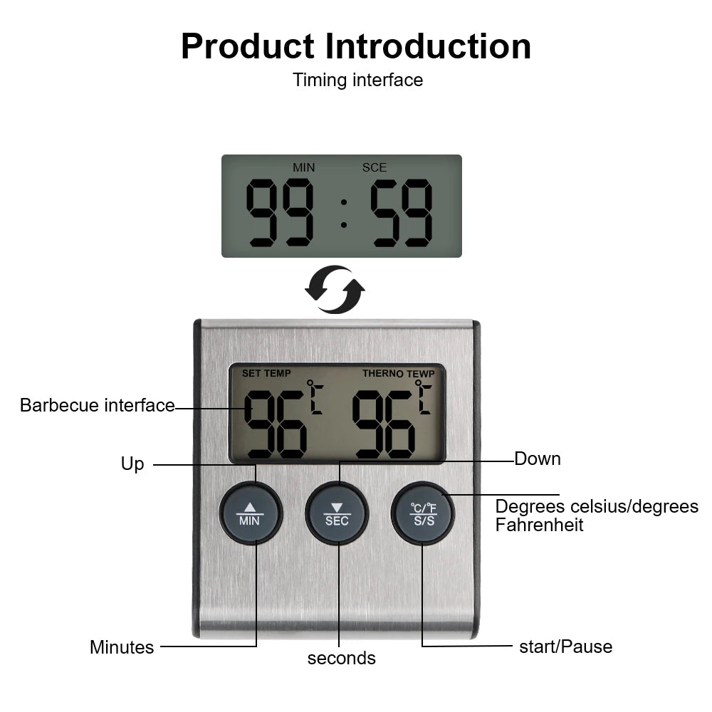 Probe Temperature Cooking Oven Meter Grill Timer Function Meat Kitchen Food Digital BBQ Thermometer New Stainless Steel Zpaxo