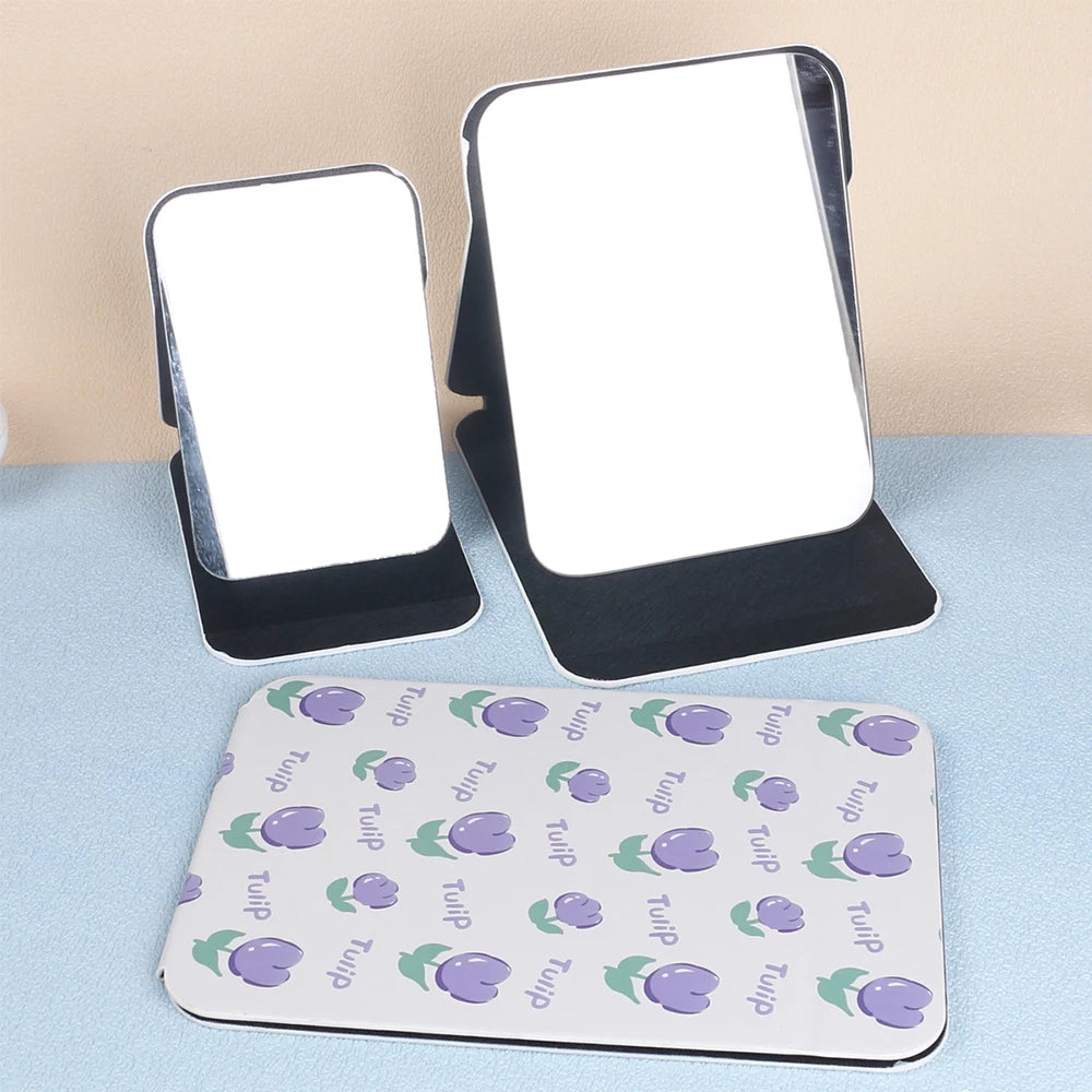 Desktop Foldable Makeup Mirror Black Tulip Pink Portable PU Leather Mirror for Office Travel Table Zpaxo
