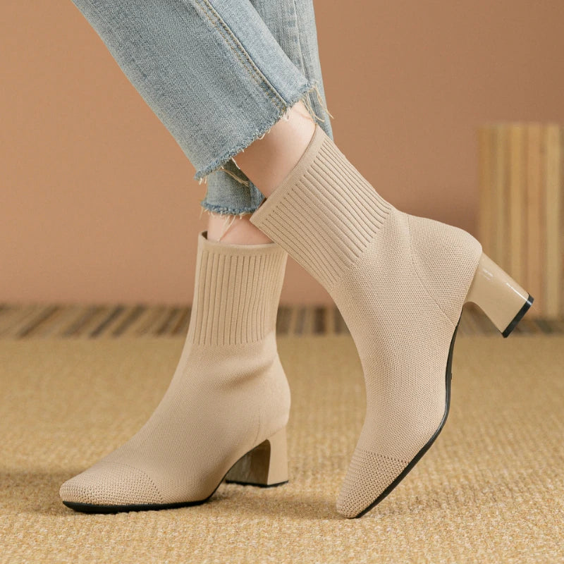 Black Square Toe Knit Sock Boots Elastic Slim Thick Block Heel Heels Zpaxo