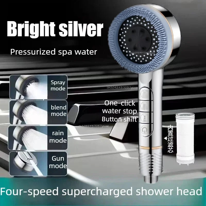 Shower Head Bathroom Showers High-Pressure Gun Gray Shower Head 4 Modes Water Saving Handheld for Bathroom Accessories Zpaxo Silver shower head