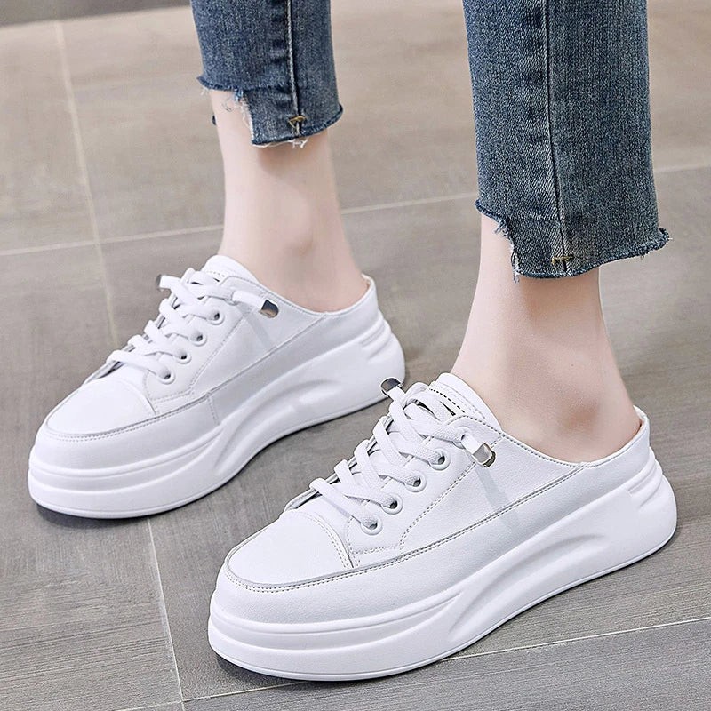 White Platform Mule Sneakers Slip Backless Thick Sole Height Zpaxo
