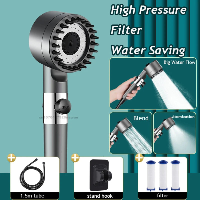 Black High Pressure Shower Head Rainfall 3 Modes Adjustable Boost Filter Holder One Click Water Stop Bathroom Accessories Zpaxo