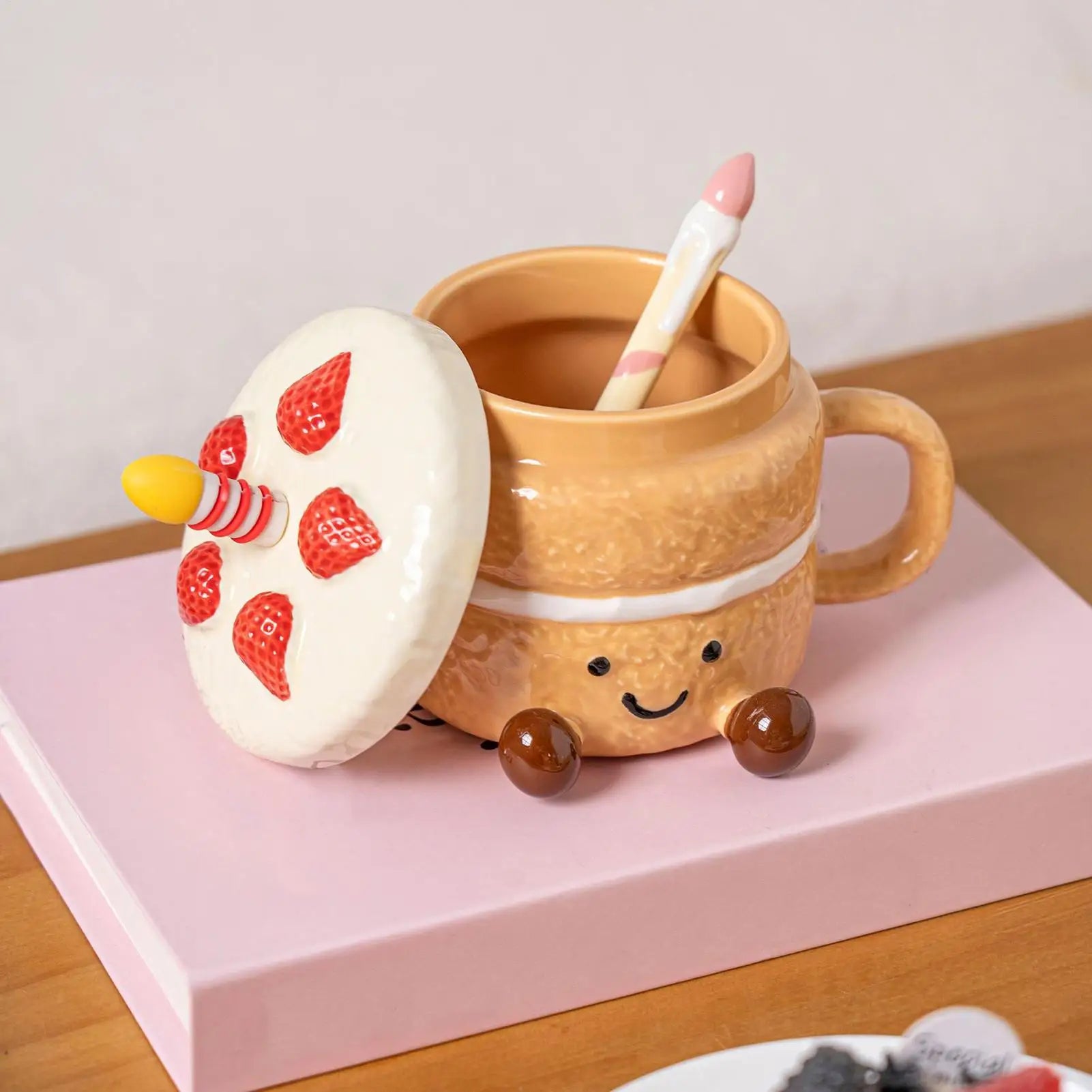 Funny Mugs For Women 400ml Ceramic With Lid Spoon Cake Shaped Aesthetic Mug Tea Cup For Women Christmas Birthday Valentines Day Zpaxo