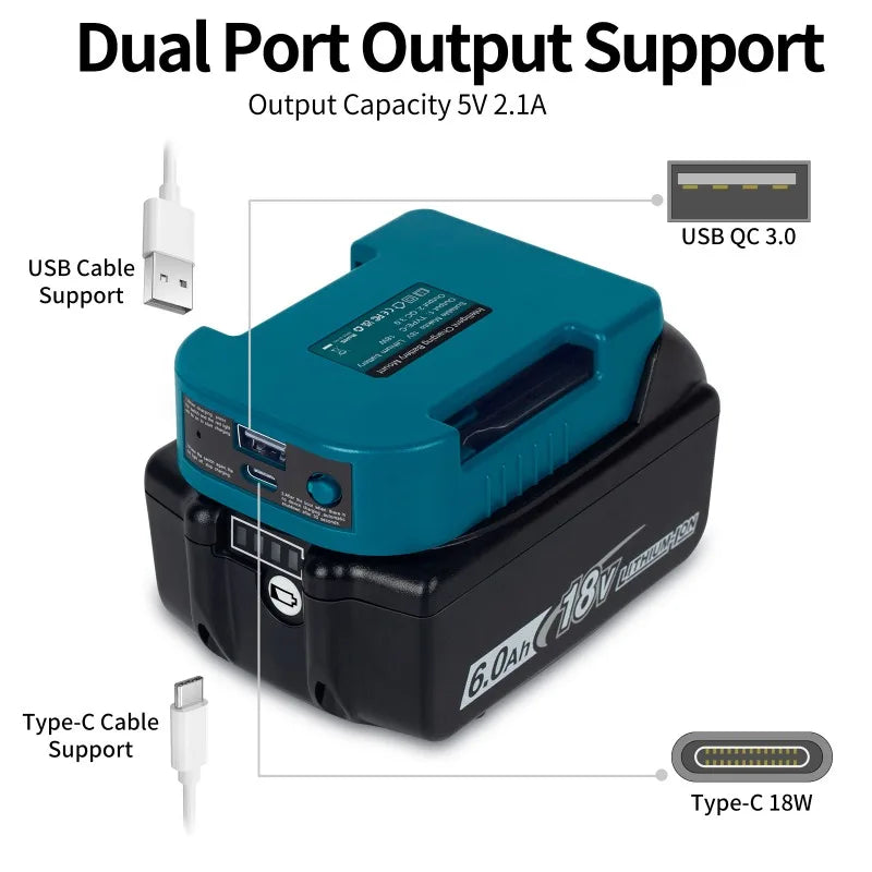 Makita 18V Battery USB Type-C Charging Adapter BL1840 BL1860