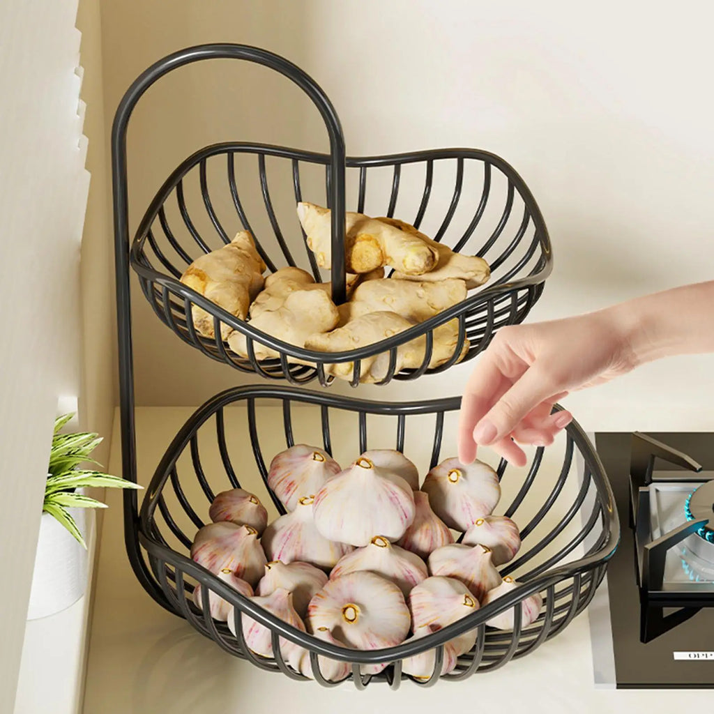 Two Tier Fruit Basket Modern Metal Black Storage Organizer Countertop