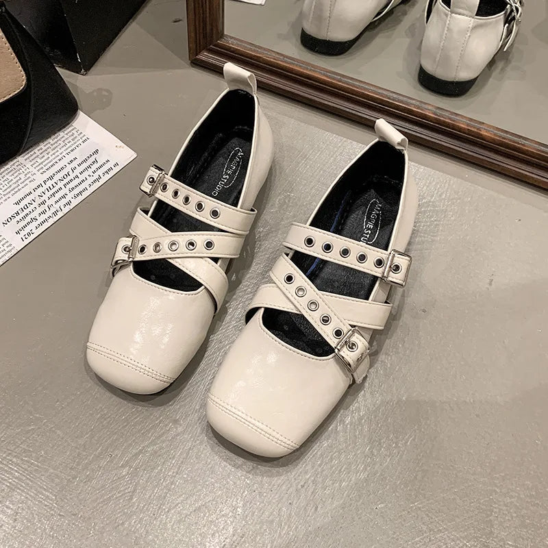 Designer Spring Women Mary Jane Shoes Fashion Square Toe Ladies Comfort Soft Sole Flats Women's Comfort Ballerinas Shoes Zpaxo 35 WHITE