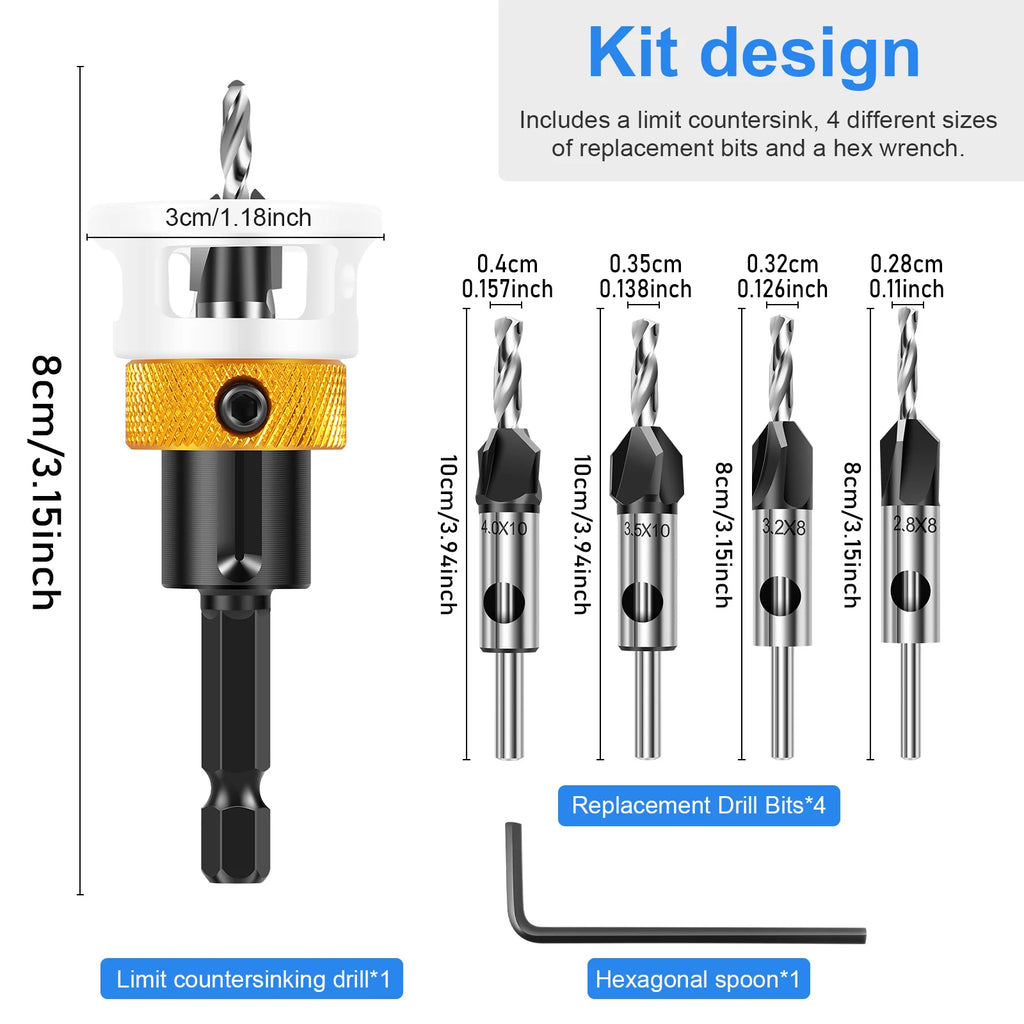 Premium Countersink Drill Set w/ Tool-Free Dial & Aluminum Alloy Stop Collar 2-Flute Steel Depth Adjustment for Woodworking, Fur Zpaxo set B