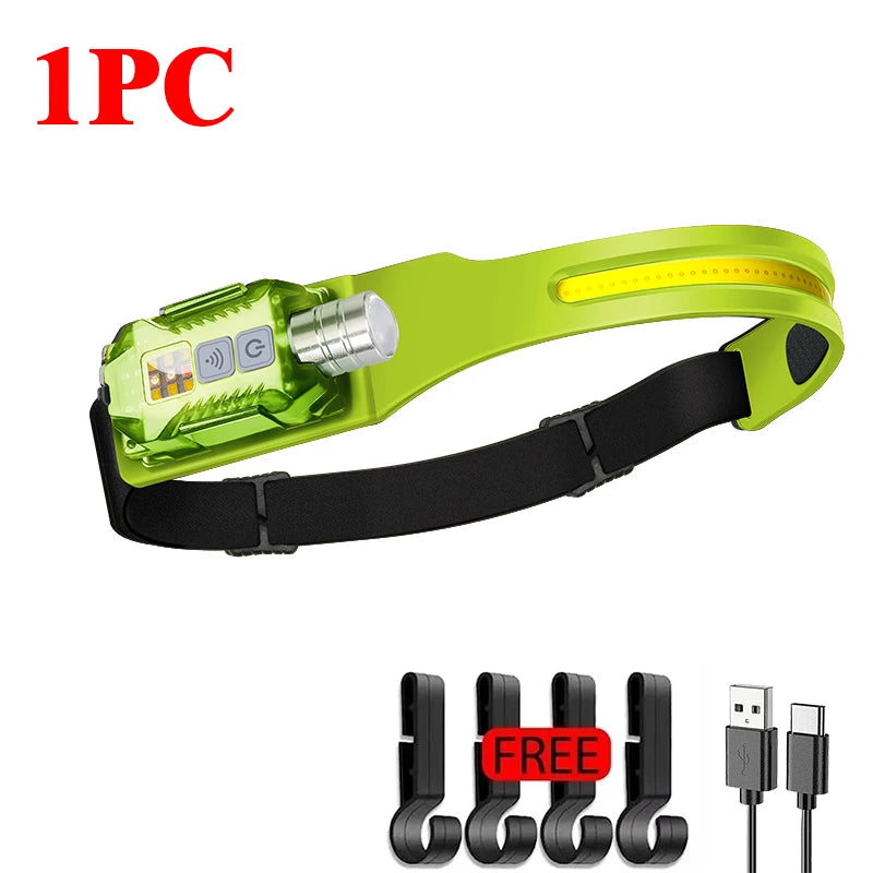 USB Rechargeable COB LED Sensor Headlamp – IP65 Waterproof LED Headlamp Zpaxo Green-Hook 1PC