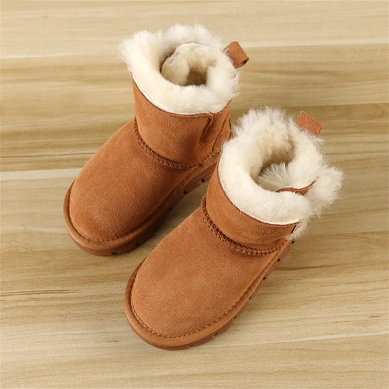 Cowhide Children's Winter Snow Boots Warm Suede Kids Cotton-padded Zpaxo