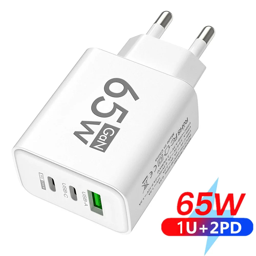 65W GaN Charger USB PD Type-C Fast Charging 3-Port Phone Adapter QC3.0 Compatible with iPhone 15 pro Max Samsung Galaxy Zpaxo YELLOW EU