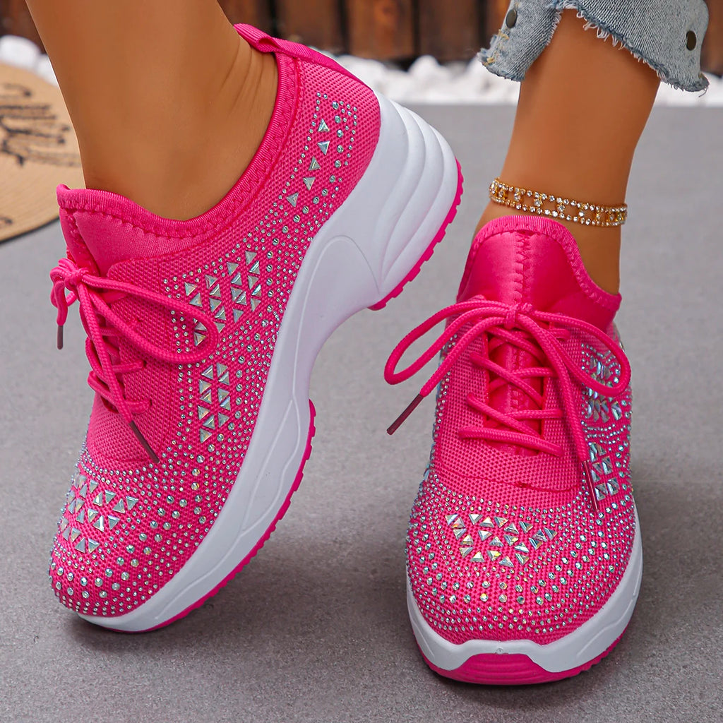 2026 Women Sneakers Shiny Rhinestone Wedge Shoes Breathable Non Slip Zpaxo