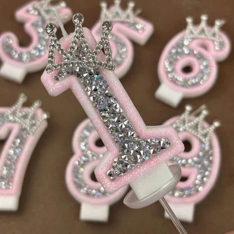 0-9 Pink Glitter Number Candle Silver Rhinestone Crown Kids Birthday