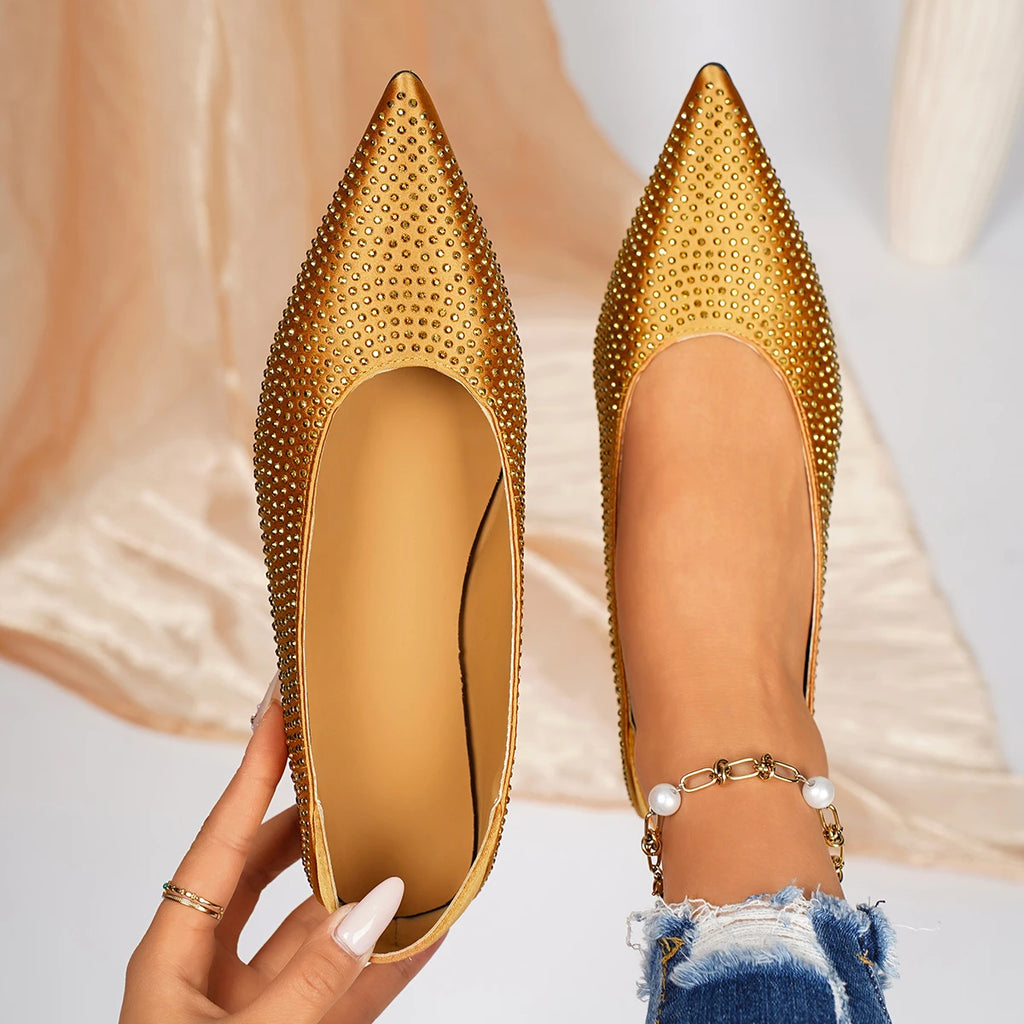 Women Flats 2026 Slip-on Rhinestone Shoes Women Shallow Mouth Pointed Toe Flat Casual Loafers Soft Leather Women Single Shoes Zpaxo Gold 35