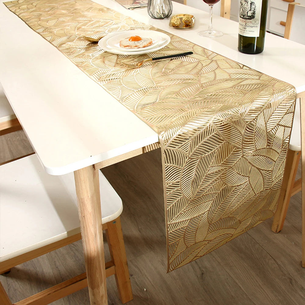 Hollow Leaves Table Runner 35x180 cm/ 14x73 Inch Waterproof Washable Gold Dining Table Runner for Wedding Banquet Party Decor Zpaxo