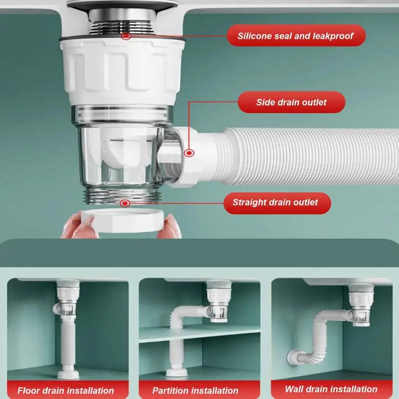 Flip Top Anti-Odor Drain Pipe Set Kitchen Sink Drain Retractable Deodorizing Filter Flexible Downspout Bathroom Anti Clogging Zpaxo