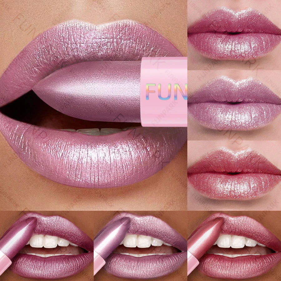 Pearlescent Pink Glitter Velvet Lipstick Metallic Long Lasting Matte