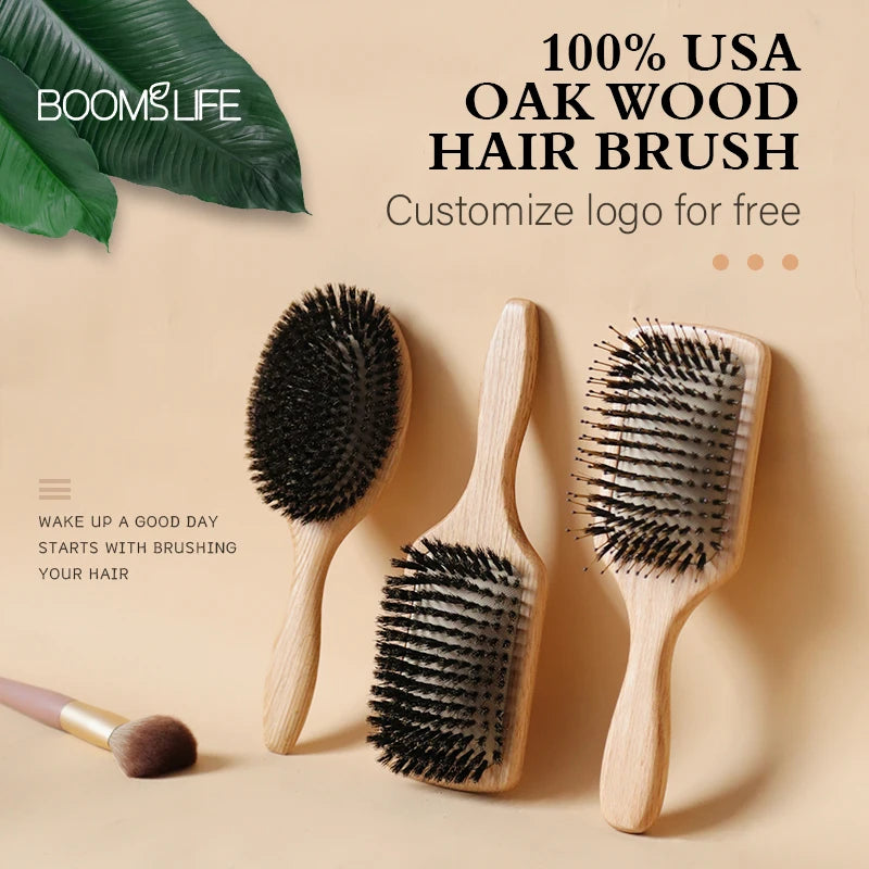 Boar Bristle HairBrush Wood Hair Brush Peine OAK Wood Combs for Women Barber Beauty Care Paddle Scalp Massage Brush Zpaxo