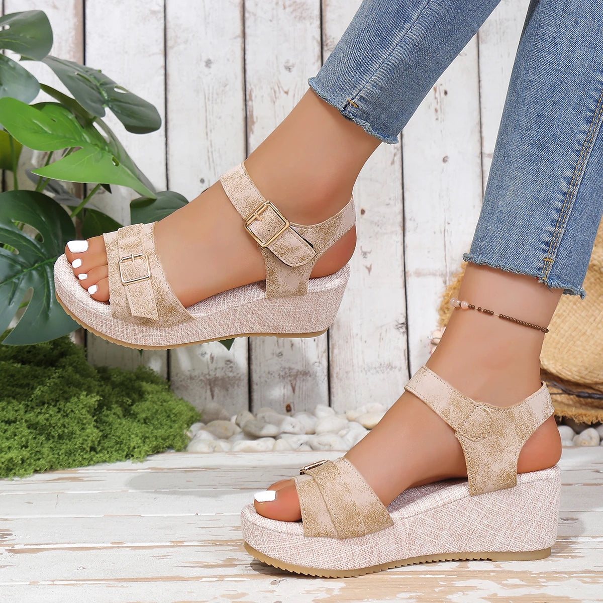 Summer Women Wedge Sandals 2026 New Non-slip Peep Toe Platform Shoes Rubber Sole Buckle Elegant Shoes Woman Sandalias De Mujer Zpaxo