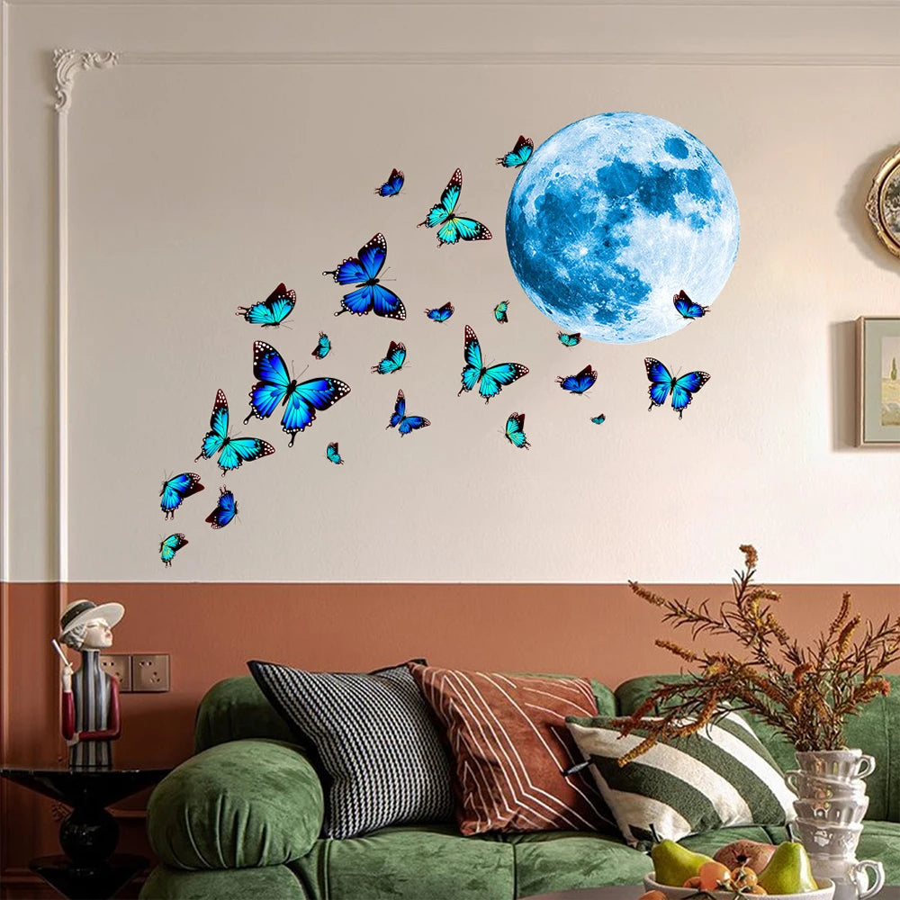 4Pcs/Set Moon & Butterfly Glow In The Dark Wall Sticker Bedroom Home Wall Decoration Zpaxo