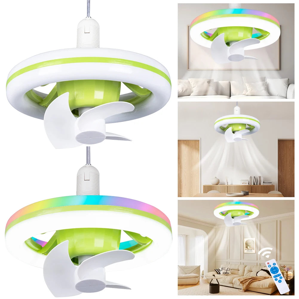 Ceiling Fan with RGB LED Light Remote Control/Switch Control Smart Silent Ceiling Fan E27 Base Cooling Fans Lamp for Living Room Zpaxo