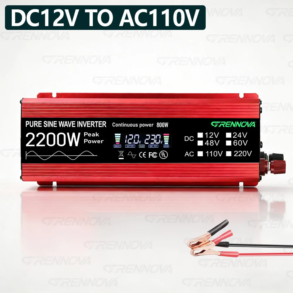 GRENNOVA 2200W Pure Sine Wave Inverter DC 12V 24V 48V to AC 110V 220V 1100W Rated Power Power Inverter for RV Truck Solar System Zpaxo 12V to AC 110V