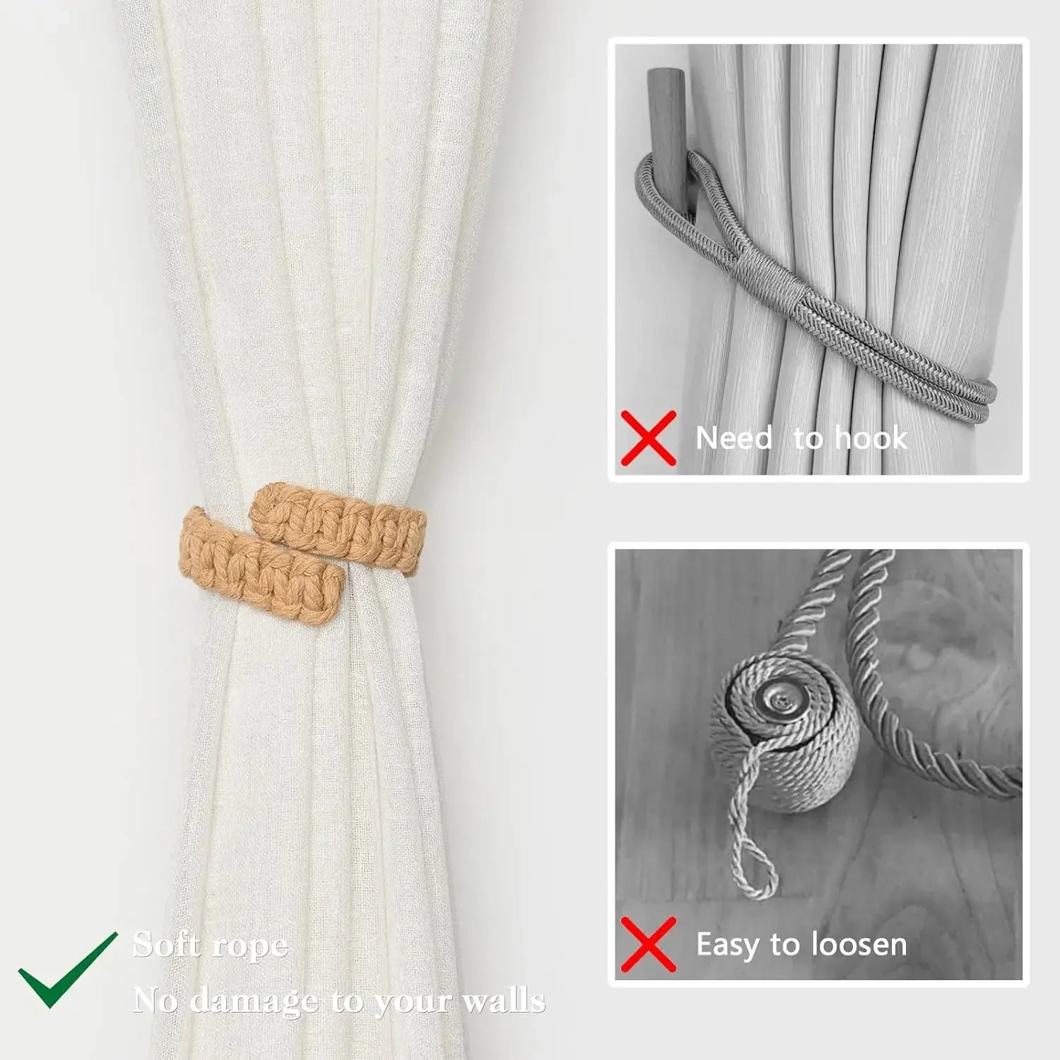 Jute Woven Curtain Tiebacks Natural Rope Window Decor Boho Chic