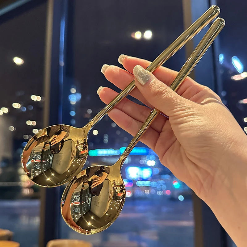 Stainless Steel Big Head Round Spoon Net Red Golden Dinner Long