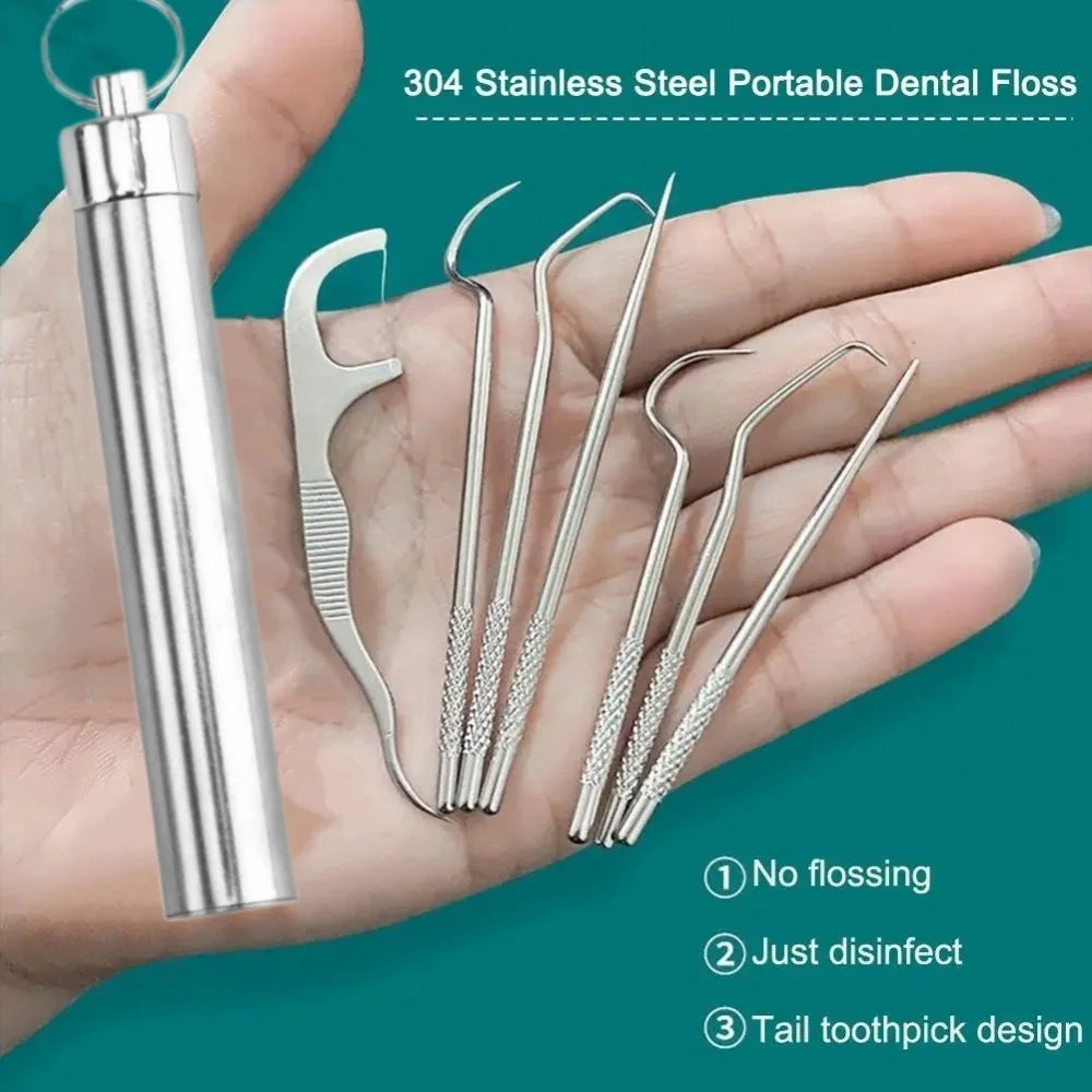 Reusable Stainless Steel Toothpick Set with Keychain Holder Dental Toothpick Set Zpaxo