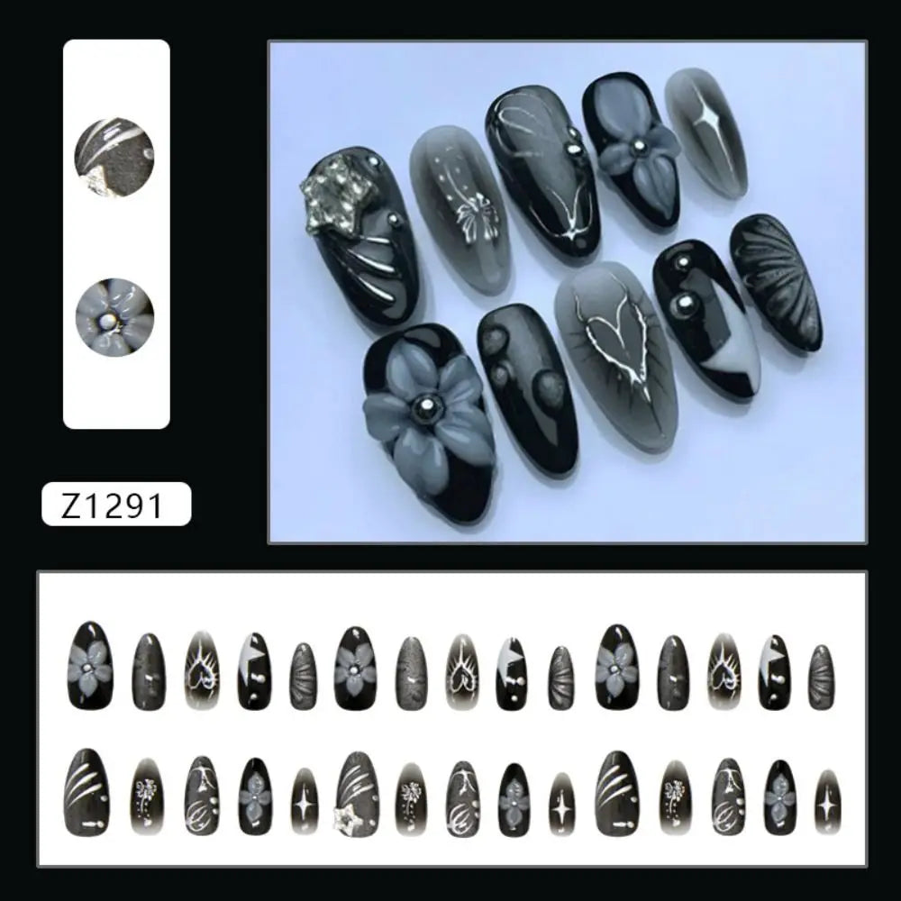 Manicure Long Almond False Nails French Flowers Heart-shaped Stripes Zpaxo