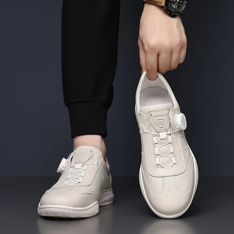 Mens Beige Leather Casual Sneakers Rotary Buckle Lace System Zpaxo