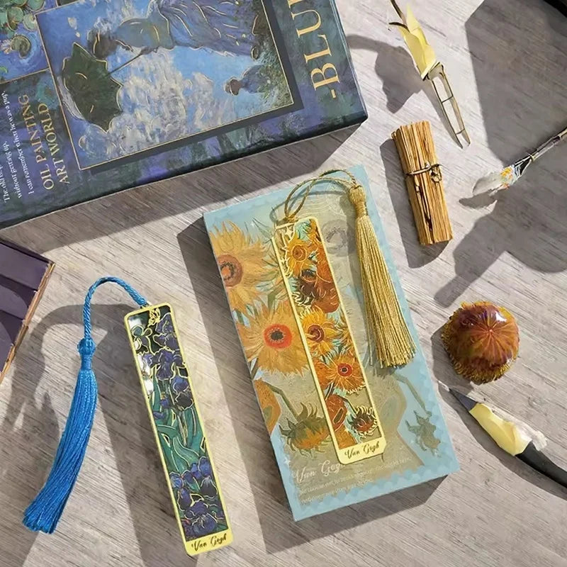 Vintage Oil Painting Metal Bookmarks Hollow Stamping Tassel Zpaxo