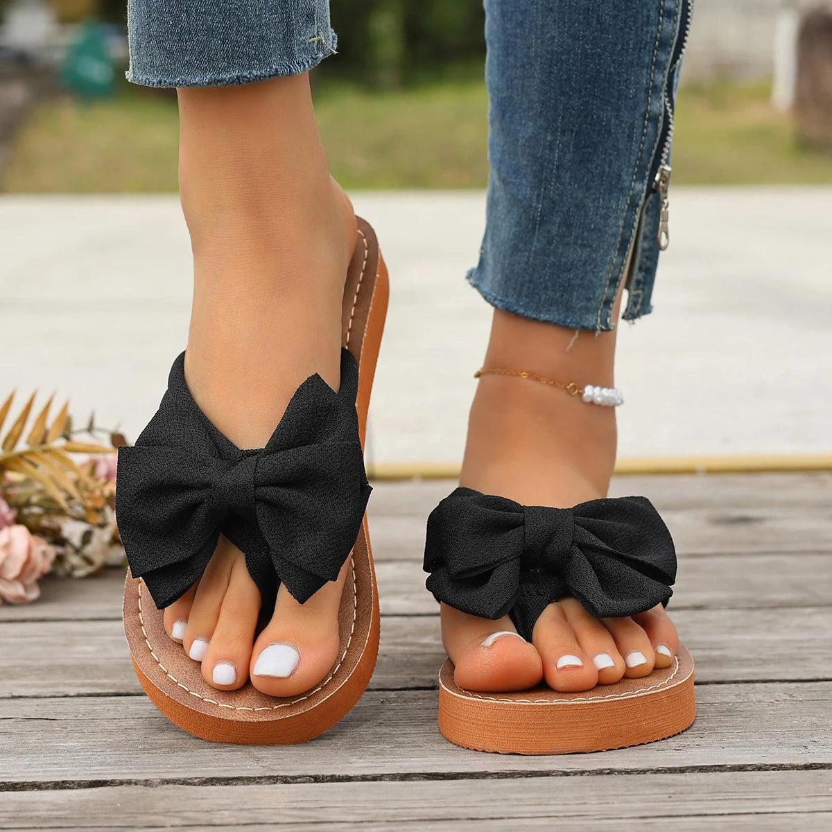 Trend Women Wedge Slippers Platform Outdoor Sandals Leisure Large Size Shoes Women Lightweight Bow Tie Slippers Slides Women Zpaxo