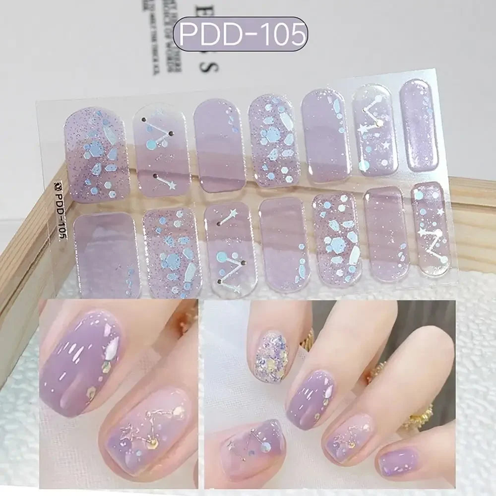 14Strips Gel Nail Stickers Full Cover Floristic Art Semi Cured Polish