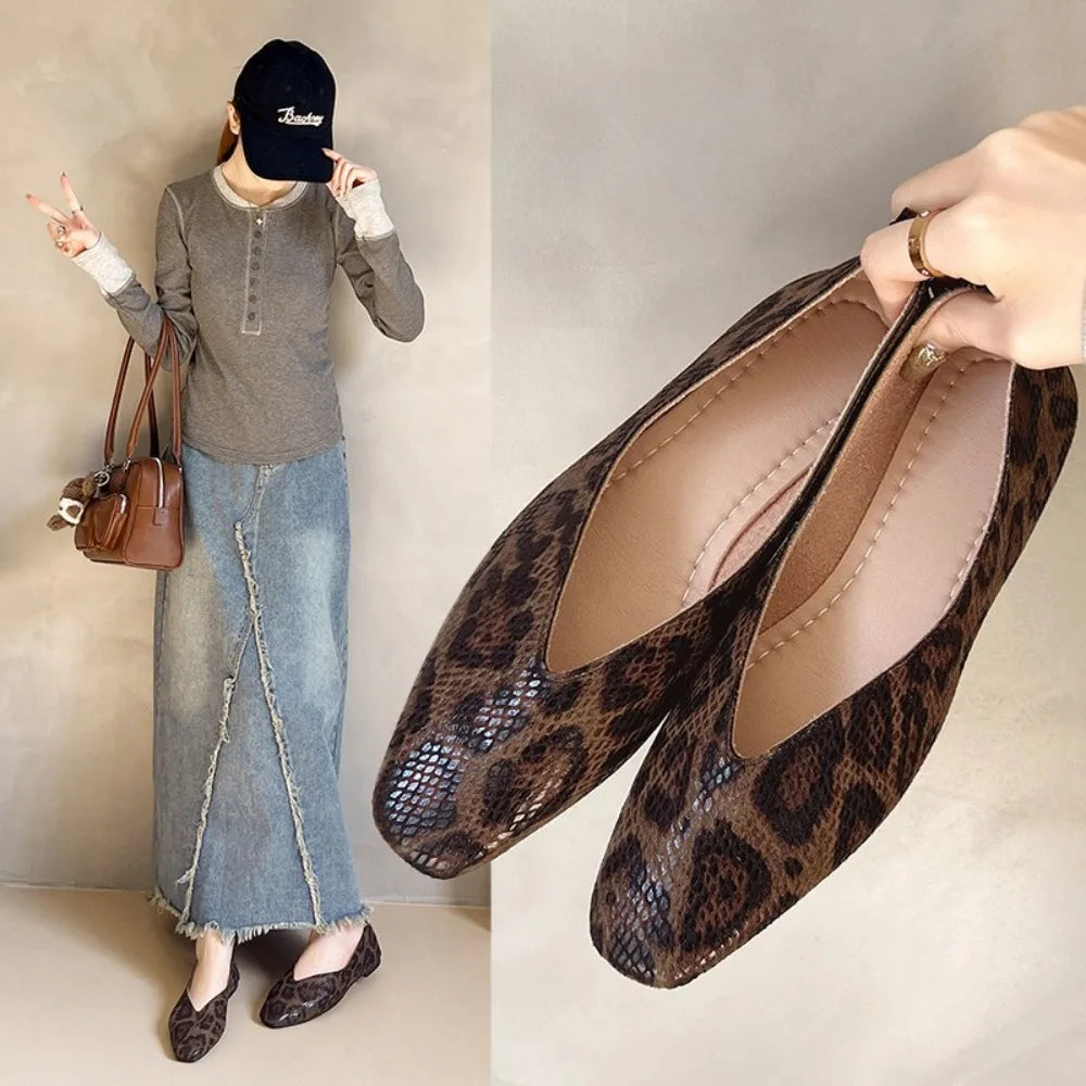 Big 35-43Snake Pattern Leather Woman Square Toe Shallow Ballet Flats