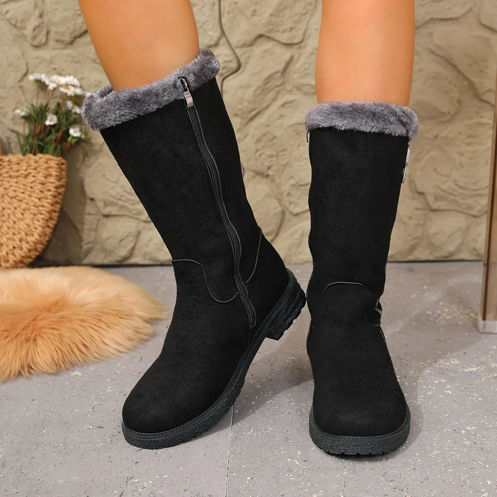 Women Boots Flats Luxury Crystal Fur Shoes Mid Calf Snow Boots 2025 Winter Fashion Warm Sport Shoes Walking Chelsea Bootie Zpaxo
